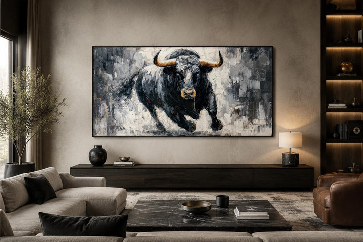Large horizontal canvas wall art of a charging black bull in a modern, moody living room setting.