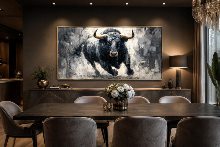 Charging black bull canvas wall art with gold horns in a modern dining room setting.