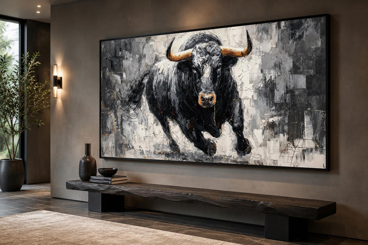 Large horizontal canvas art of a charging black bull with gold horns in a modern office setting.
