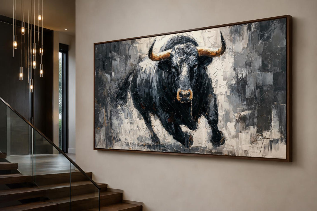Charging black bull canvas wall art in a dark wood frame, hanging in a modern office or hallway.