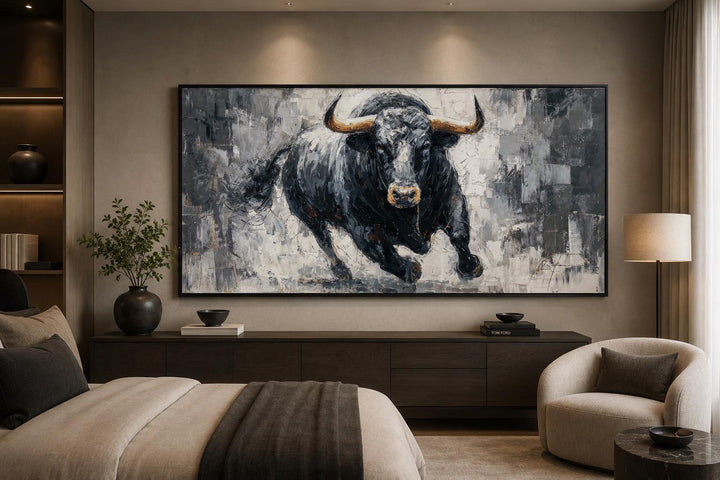 Large horizontal canvas wall art of a powerful charging black bull in a modern bedroom setting.