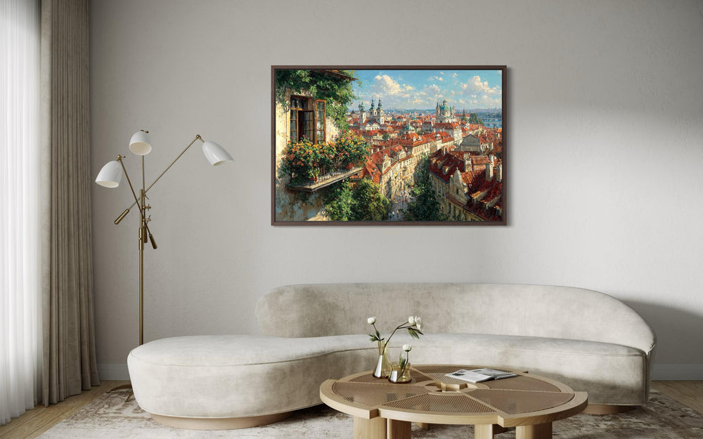 Prague Cityscape canvas art featuring red roofs and a balcony view in a modern living room.