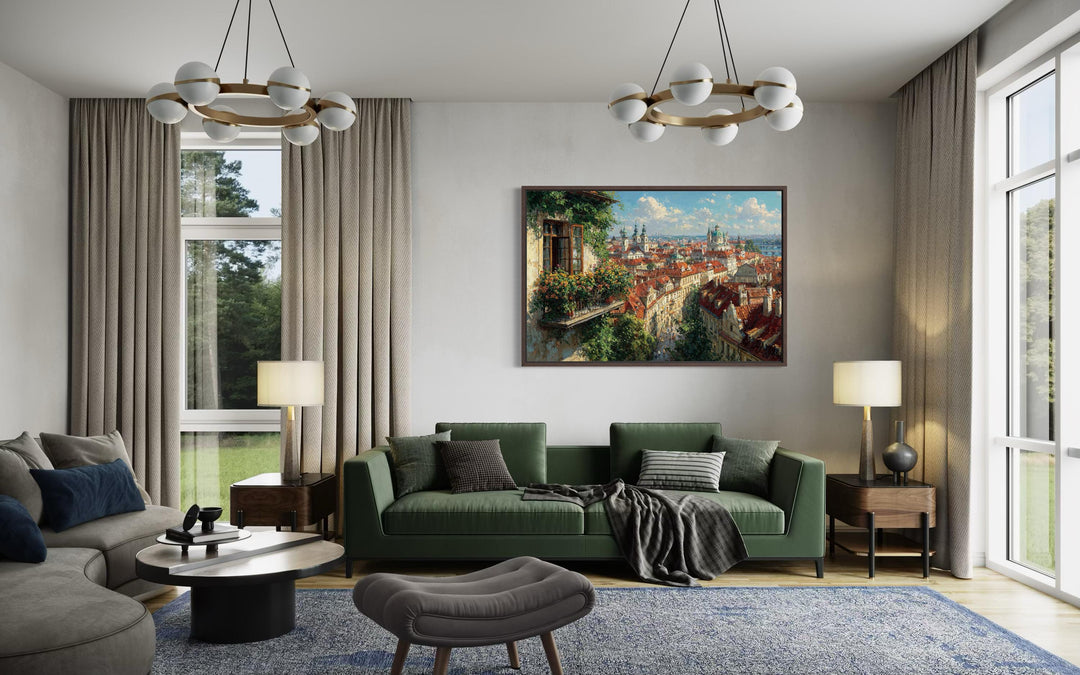 Prague Cityscape Canvas featuring a painterly balcony view of red rooftops and historic spires.