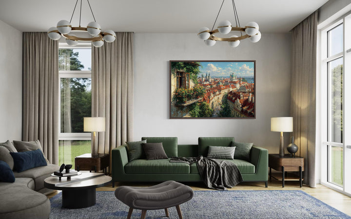 Prague Cityscape Canvas featuring a painterly balcony view of red rooftops and historic spires.