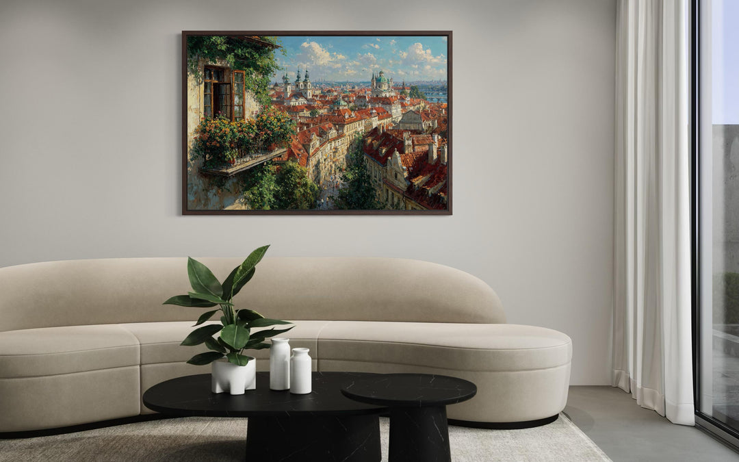 Impressionistic Prague cityscape canvas art featuring red roofs and a flower-filled balcony view.