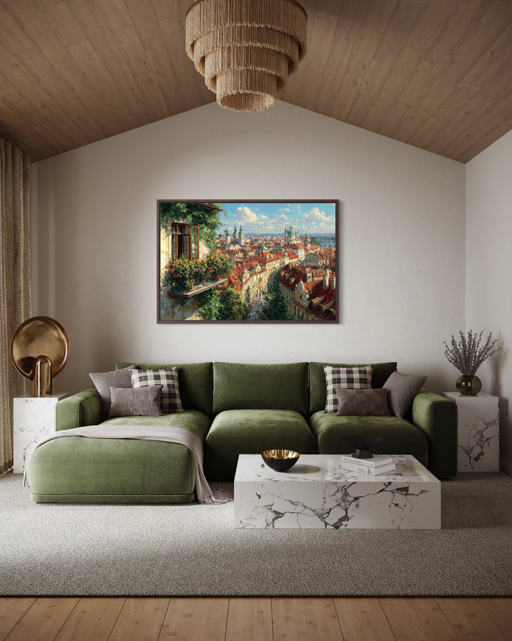 Prague Cityscape canvas art with red roofs and balcony view displayed in a modern living room.