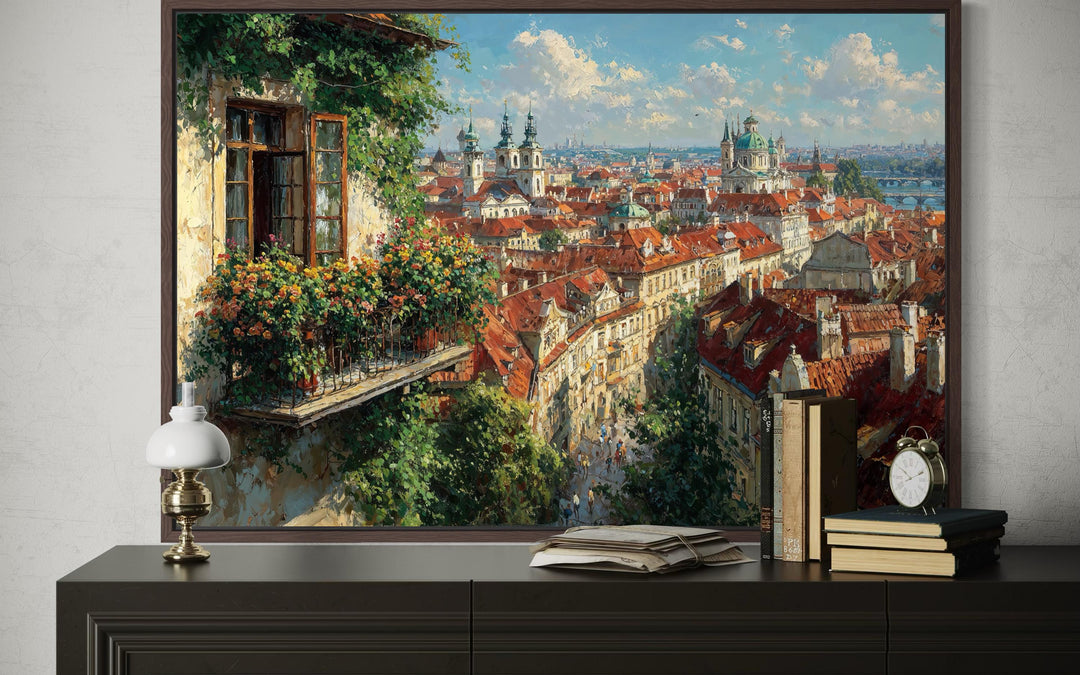 Impressionistic Prague cityscape canvas art with red roofs and a flower-filled balcony view.