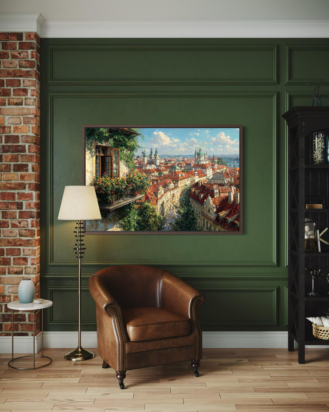 Prague Cityscape canvas art featuring red roofs and a balcony view in a green-walled room.