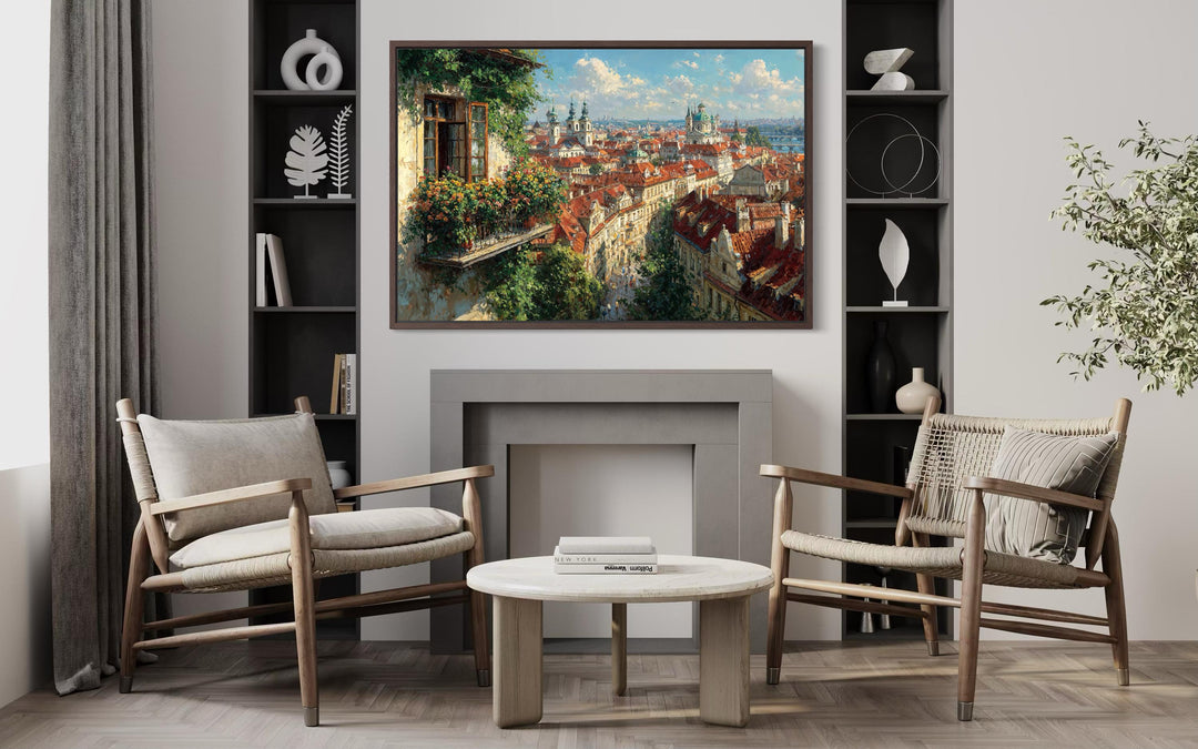 Prague Cityscape Canvas wall art with red roofs and balcony view in a modern living room setting.