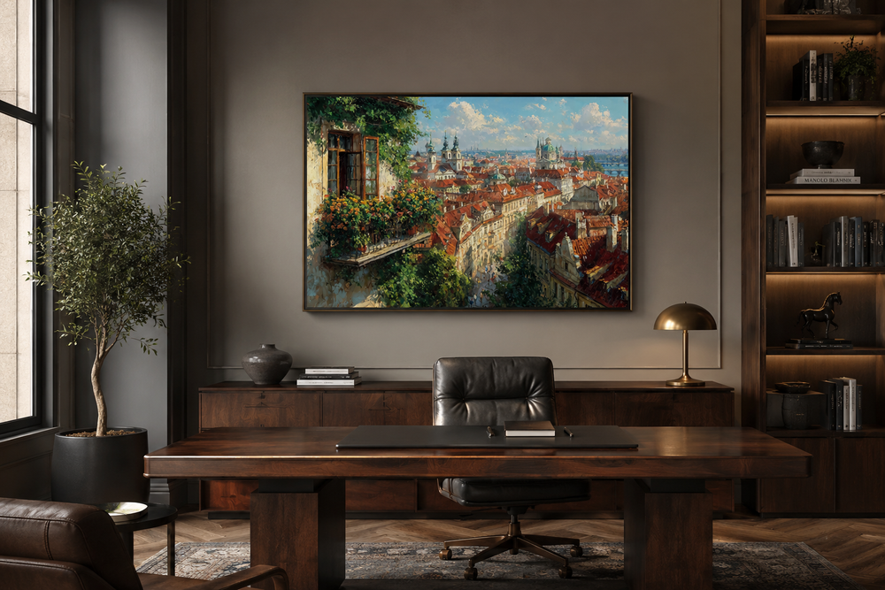 Prague cityscape canvas art with red roofs and balcony view in a dark wood home office setting.