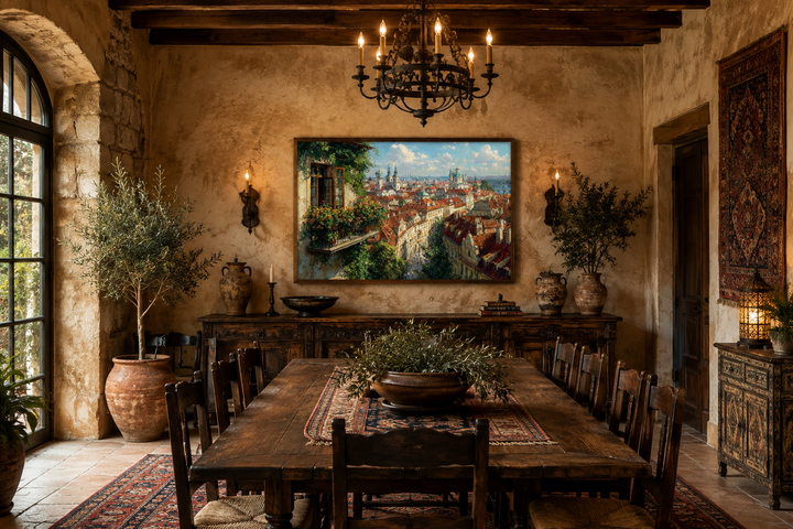Prague Cityscape canvas art with red roofs and balcony view in a rustic Mediterranean dining room.
