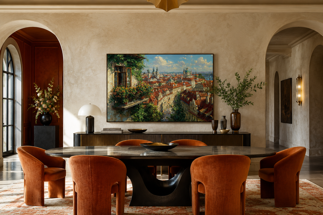 Impressionistic Prague cityscape canvas art with red roofs and balcony view in a dining room.