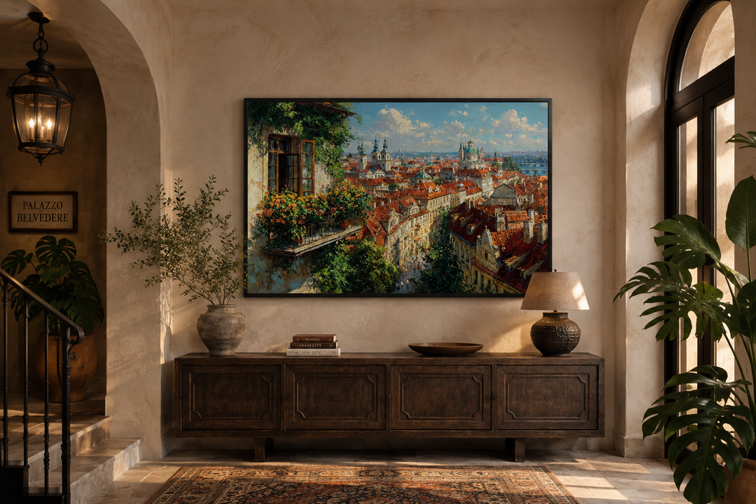 Impressionistic Prague cityscape canvas art with red roofs and balcony view in a warm living room.