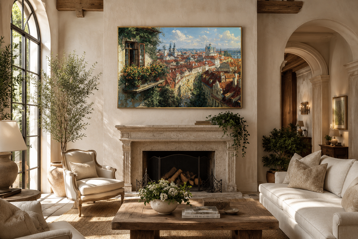 Impressionistic Prague cityscape canvas art with red roofs and balcony view over a fireplace.
