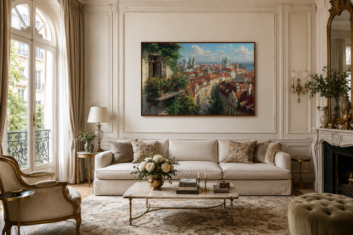 Prague Cityscape canvas artwork with red roofs and balcony view in a classical living room.