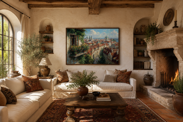 Prague Cityscape canvas art with red roofs and balcony view in a rustic Mediterranean living room.