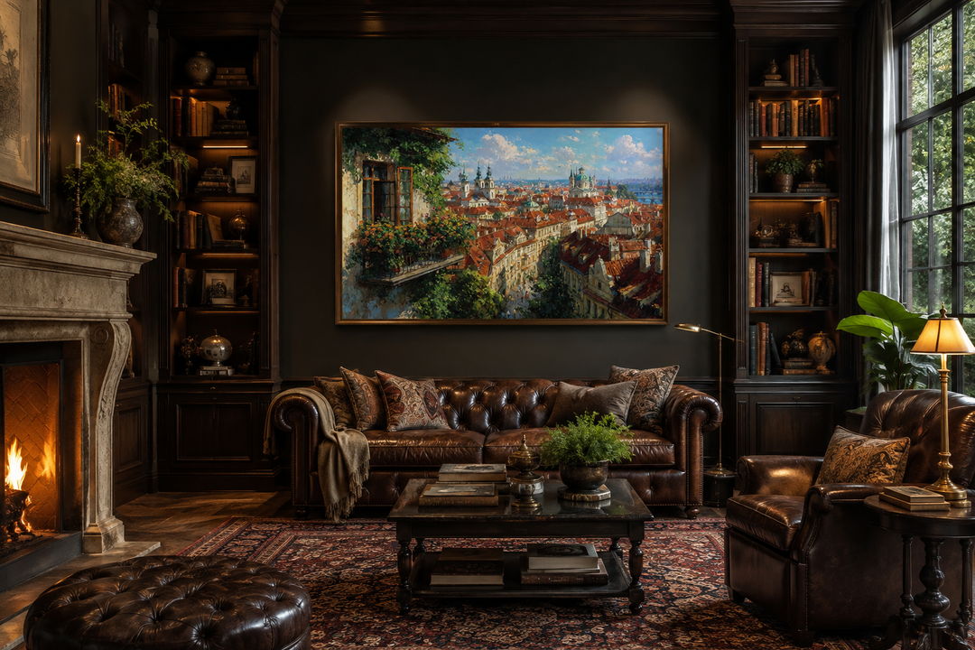 Prague Cityscape canvas art with red roofs and balcony view in a dark traditional library setting.