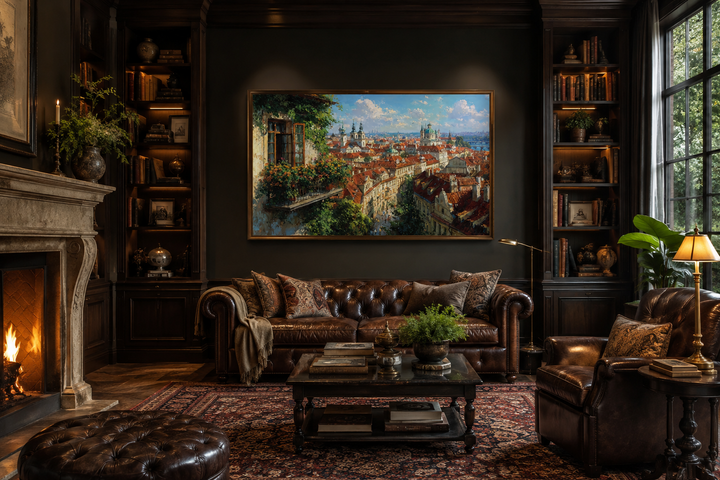 Prague Cityscape canvas art with red roofs and balcony view in a dark traditional library setting.