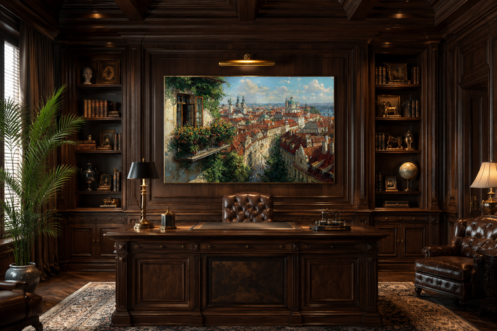 Prague Cityscape Canvas wall art featuring red roofs and a balcony view in a dark wood office.