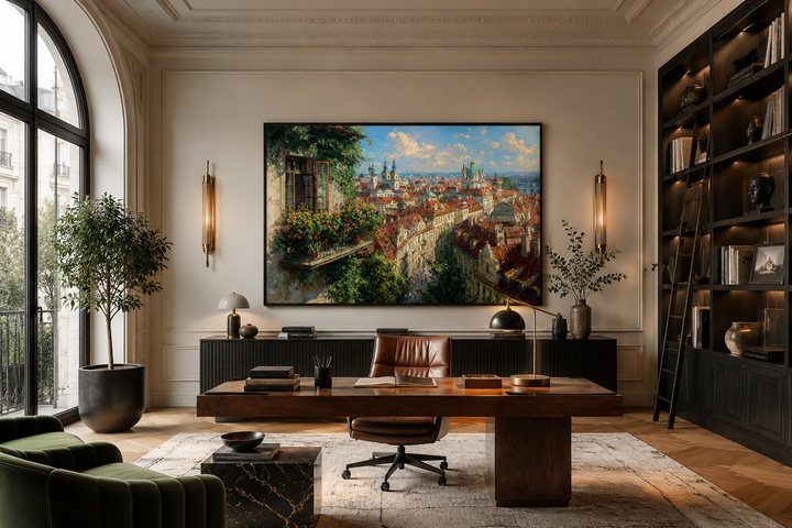 Prague Cityscape canvas art with red roofs and balcony view in a traditional home office setting.