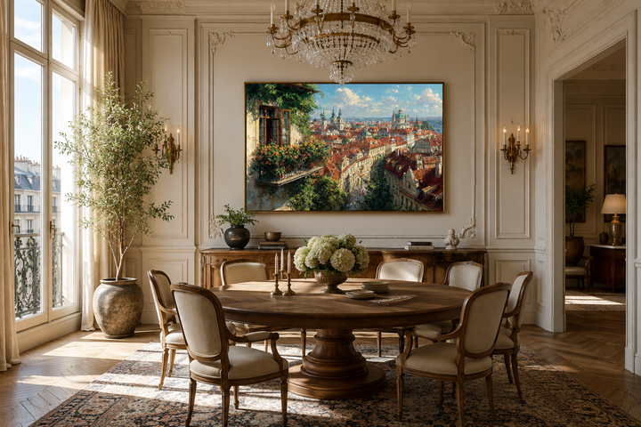 Prague cityscape canvas with red roofs and balcony view in a classical dining room setting.