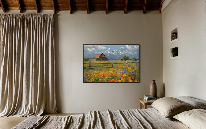 Pretty Old Barn In Spring's Wildflowers Landscape Framed Canvas Wall Decor