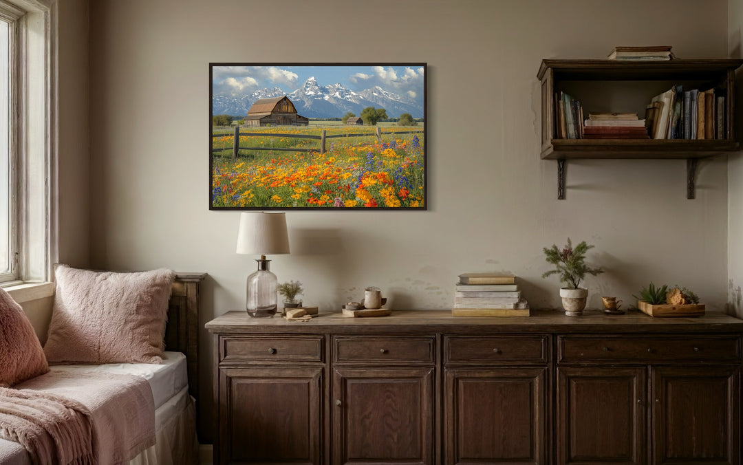 Pretty Old Barn In Spring's Wildflowers Landscape Framed Canvas Wall Decor