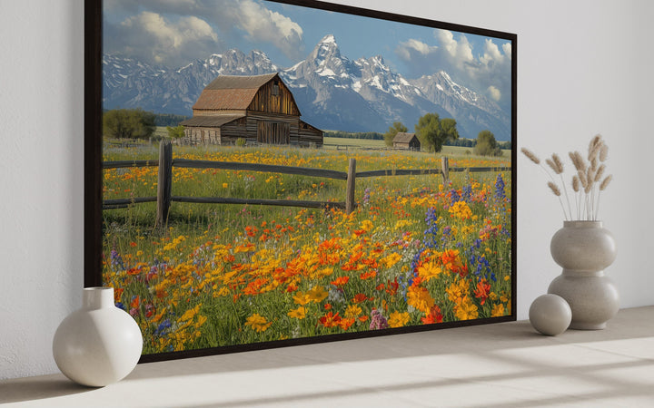 Pretty Old Barn In Spring's Wildflowers Landscape Framed Canvas Wall Decor