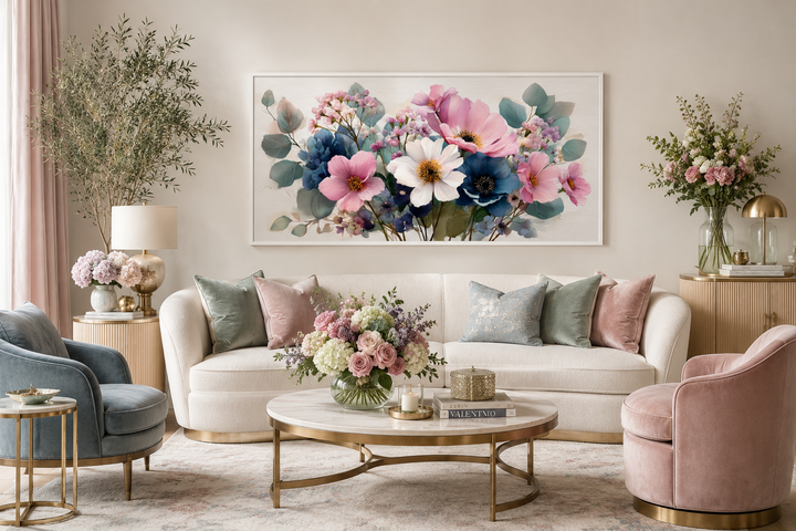Pretty blue and pink wildflowers bouquet framed canvas wall art above a white sofa in a living room.