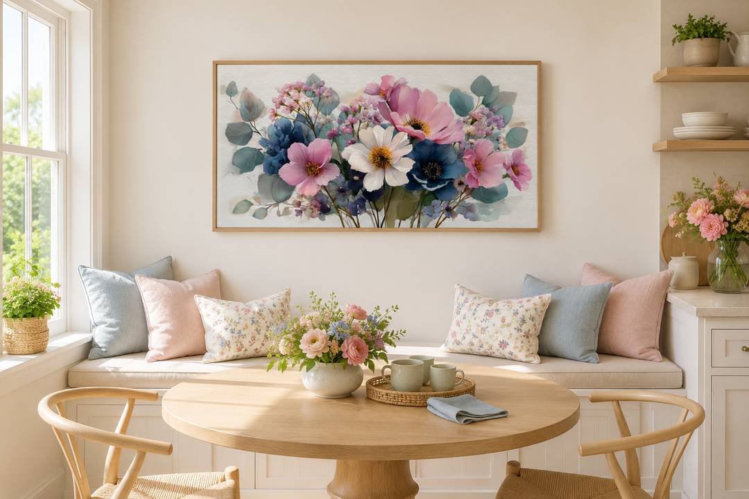Pretty blue and pink wildflowers bouquet framed canvas wall art above a dining bench and table.
