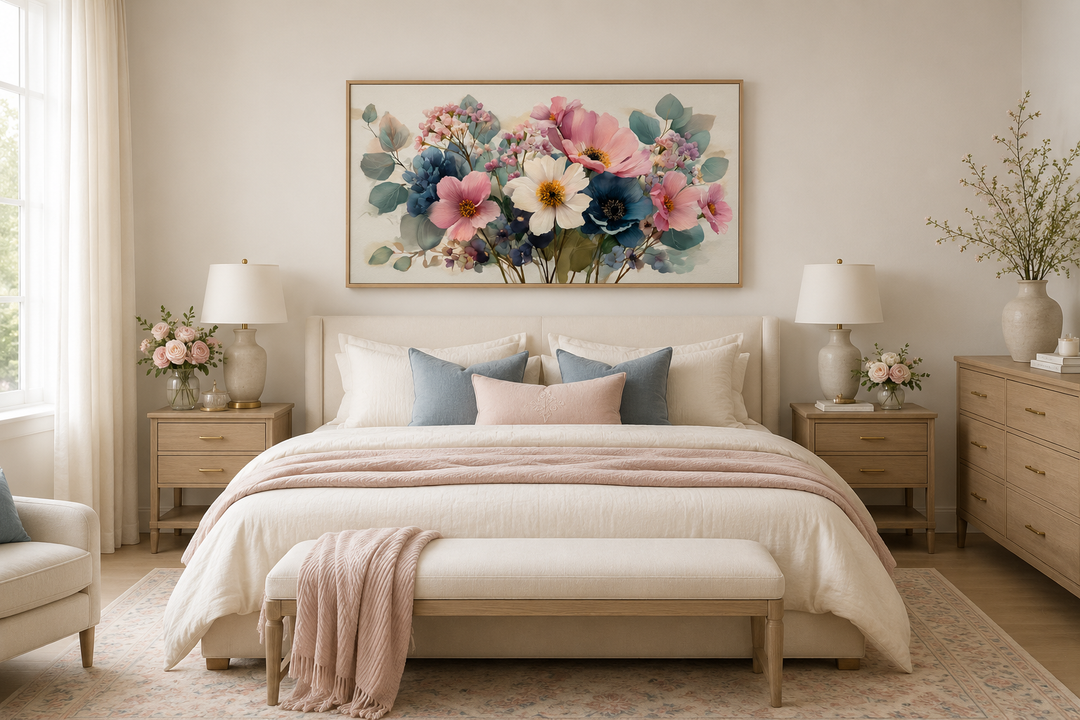 Framed canvas wall art of a blue and pink wildflower bouquet hanging above a bed in a bedroom.