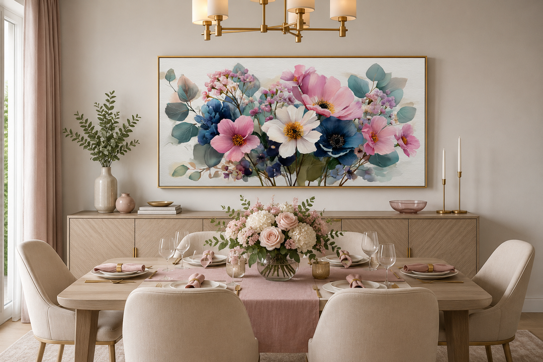 Pretty blue and pink wildflowers bouquet framed canvas wall art hanging in a dining room.