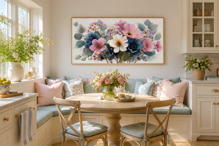 Horizontal framed canvas art of a blue and pink wildflower bouquet above a breakfast nook bench.