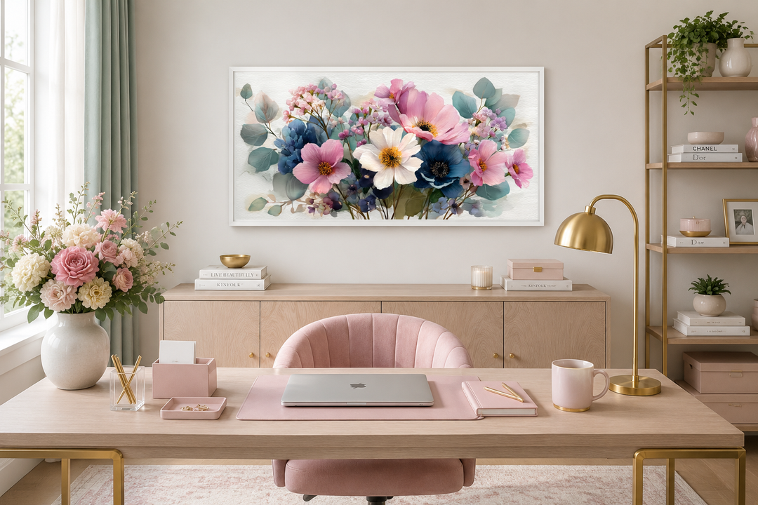 Pretty blue and pink wildflowers bouquet framed canvas wall art hanging above a desk.