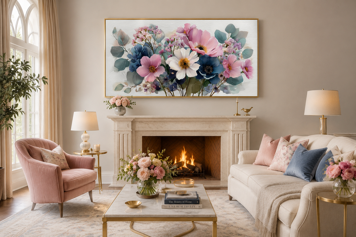 Framed horizontal canvas wall art of a blue and pink wildflower bouquet over a fireplace.