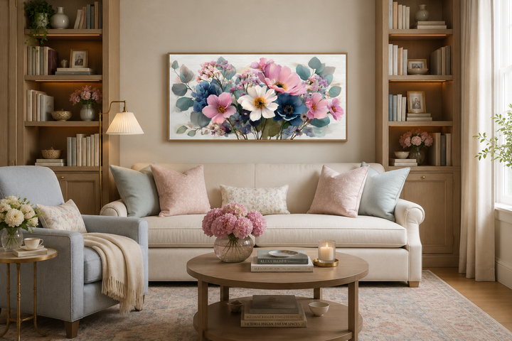 Pretty blue and pink wildflowers bouquet framed canvas wall art hanging above a sofa in a living room