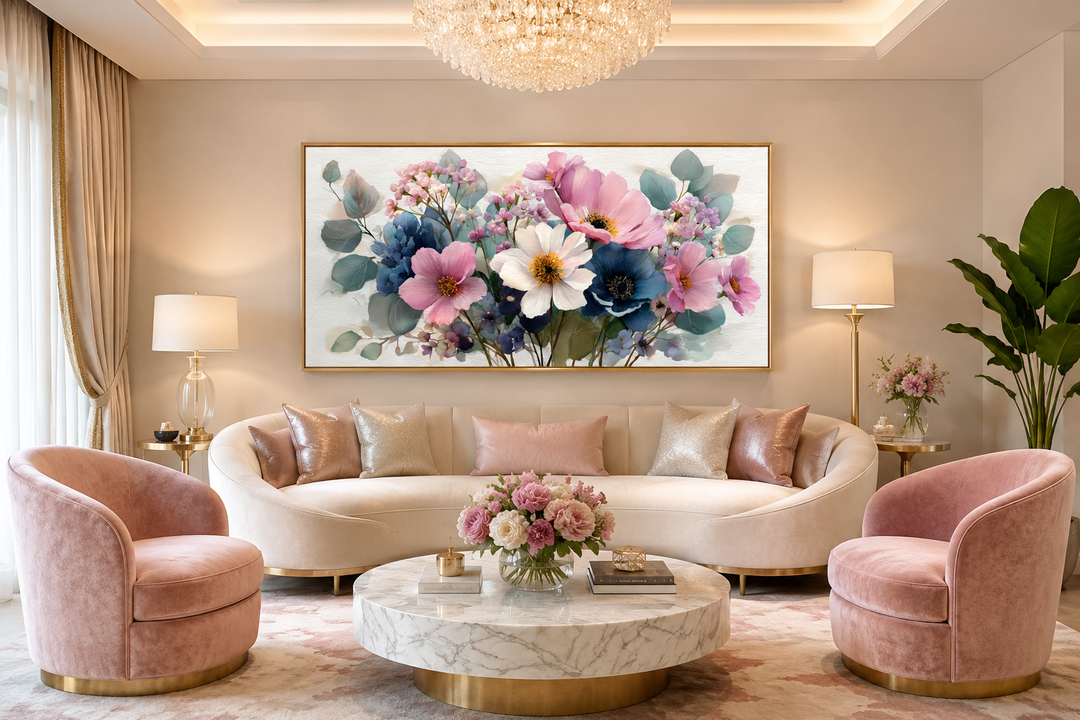 Framed canvas wall art of a blue and pink wildflower bouquet above a cream sofa in a living room.