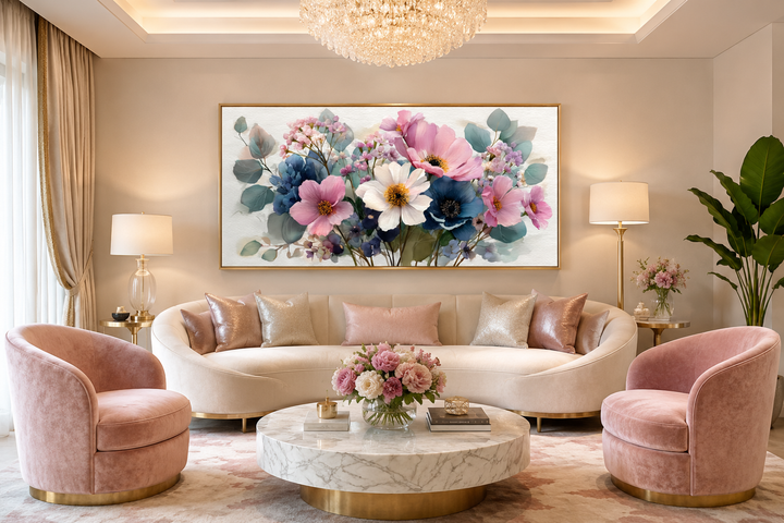 Framed canvas wall art of a blue and pink wildflower bouquet above a cream sofa in a living room.