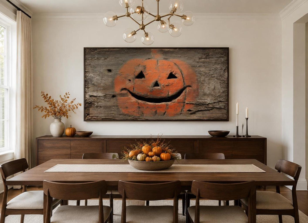 Primitive jack-o'-lantern canvas wall art on weathered wood background in a rustic dining room.