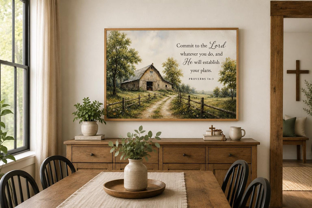 Proverbs 16:3 scripture canvas art featuring a rustic barn landscape in a farmhouse dining room.