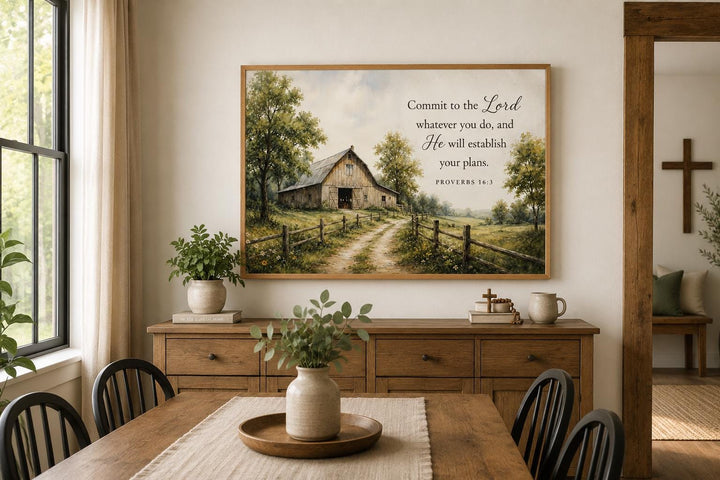 Proverbs 16:3 scripture canvas art featuring a rustic barn landscape in a farmhouse dining room.