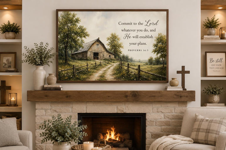Proverbs 16:3 scripture wall art with a rustic barn landscape painting above a fireplace mantel.