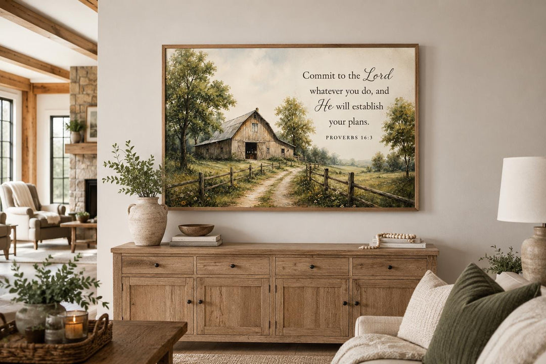 Proverbs 16:3 scripture wall art with a rustic barn landscape painting in a farmhouse living room.