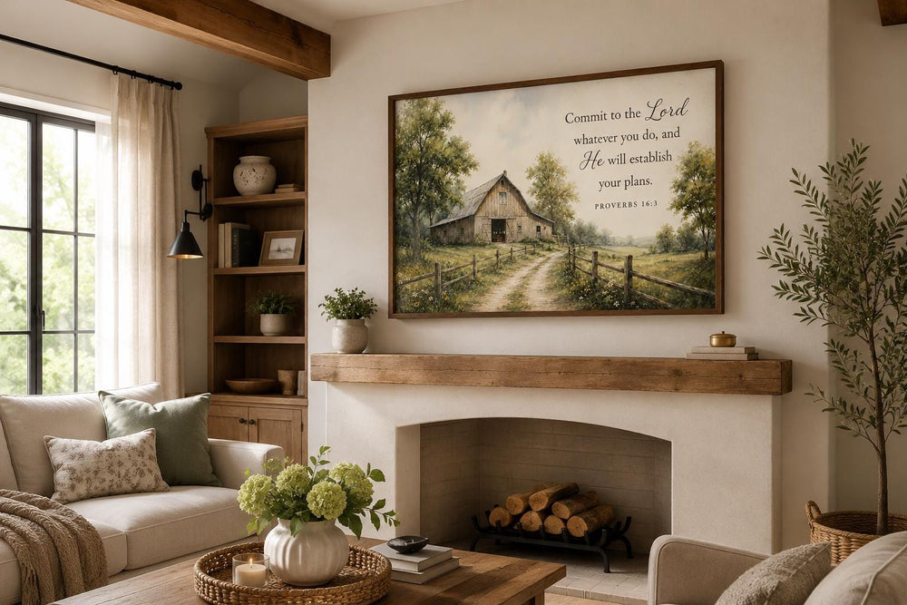 Proverbs 16:3 farmhouse wall art featuring a rustic barn painting above a fireplace mantel.