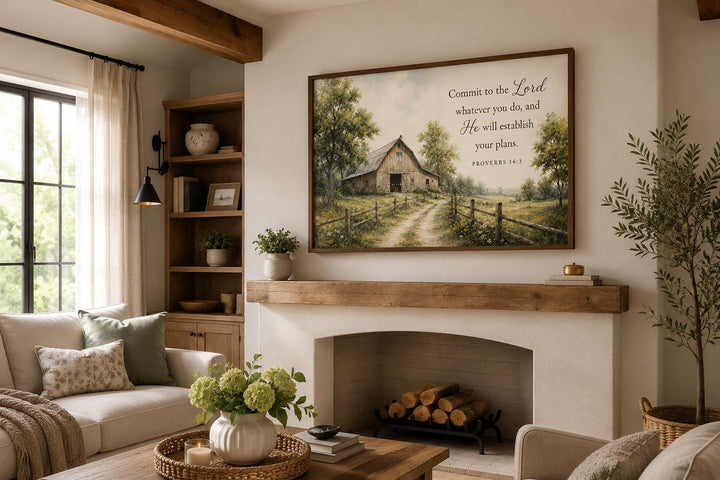 Proverbs 16:3 farmhouse wall art featuring a rustic barn painting above a fireplace mantel.