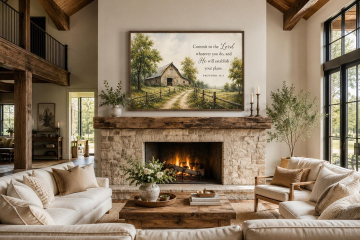 Proverbs 16:3 scripture canvas art featuring a rustic barn landscape above a stone fireplace.