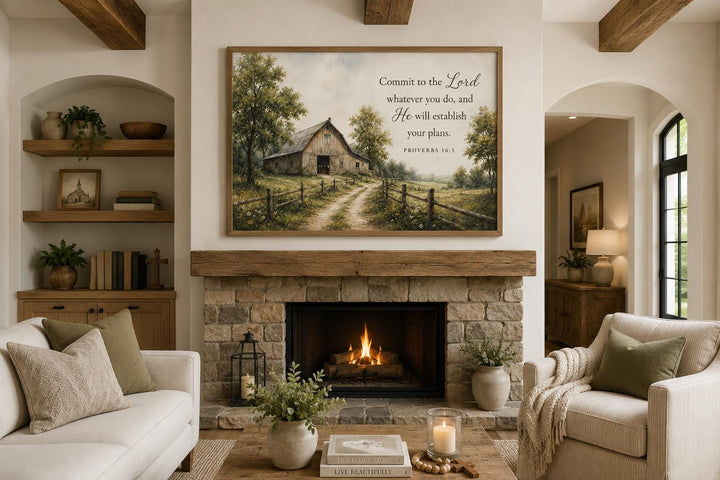 Proverbs 16:3 scripture wall art featuring a rustic barn landscape over a stone fireplace mantel.