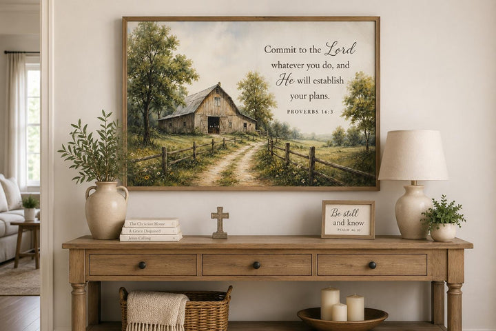 Proverbs 16:3 scripture wall art featuring a rustic barn painting in a farmhouse living room.