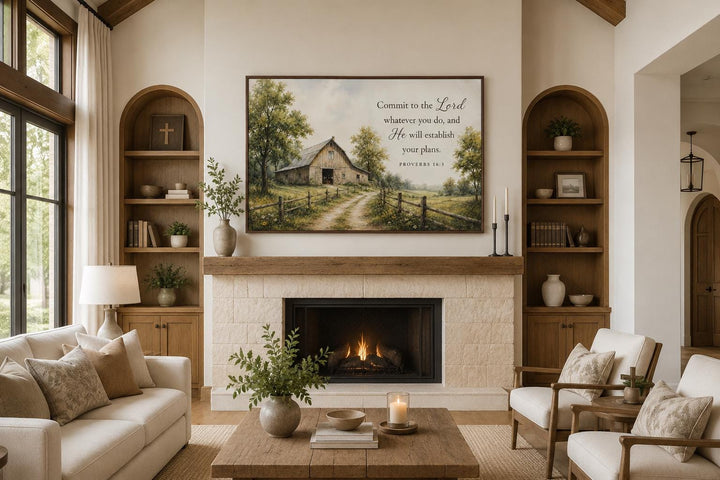 Proverbs 16:3 rustic barn print canvas wall art above a fireplace in a farmhouse living room.