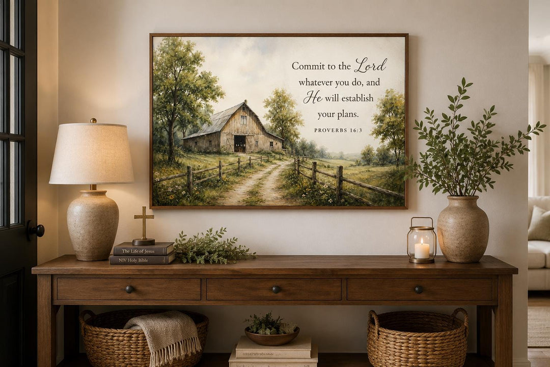 Proverbs 16:3 scripture wall art featuring a rustic barn painting in a farmhouse entryway.